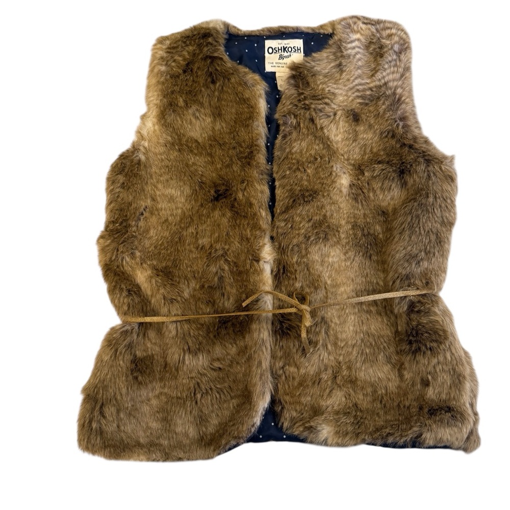 OshKosh B'gosh Girls Sleeveless Shaggy Faux Fur Jacket Vest Brown Navy Blue